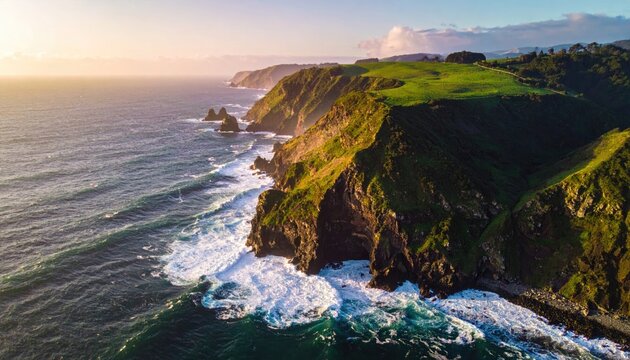 Aerial View Of Rugged Green Cliffs Meeting The Crashing Blue Ocean Waves Under A Golden Sunset Sky With Soft Clouds