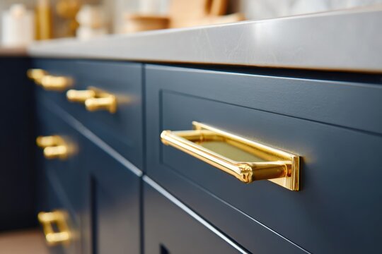 Front kitchen wooden frame cabinet door and drawers. Closeup Dark Blue Kitchen. Wooden cabinet door, brass door handles, furniture base set. Trendy interior units. Home improvement concept. Samples.