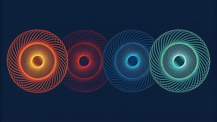 Abstract glowing circular patterns in orange red and blue green light on a dark background representing technology and energy