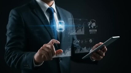 Businessman in a suit interacting with digital data displays while holding a tablet in a dark setting - Powered by Adobe