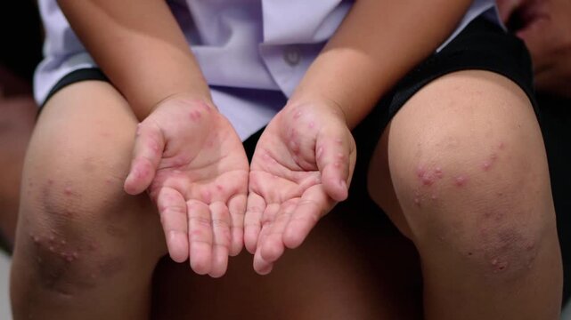 Hand, foot and mouth disease HFMD Human hand of scarlet fever in coxsackievirus palmarosa virus and child hand on white background