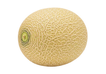 Isolated cantaloupe melon, whole, with light-tan surface texture, oval shape, and green stem end