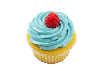 Isolated single raspberry cupcake with blue frosting, decadent dessert, tasty sweet