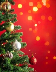 Fototapeta premium Festive christmas tree decorations with red and gold balls on pine branches for the winter holiday season