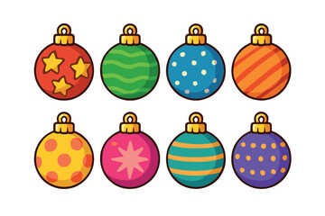 Colorful Christmas ornaments for festive decoration design. Set of 6 vector illustration