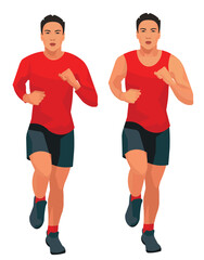 Isolated figures of a Korean athlete jogging in a red summer T-shirt and winter T-shirt with long sleeves