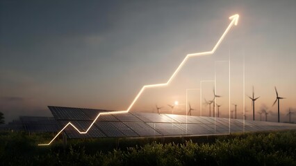 Solar panels in a field at sunset with distant wind turbines and a glowing rising-line graph. Concept Solar panels at sunset, Distant wind turbines, Glowing rising-line graph
