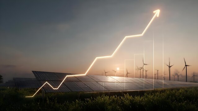 Solar panels in a field at sunset with distant wind turbines and a glowing rising-line graph. Concept Solar panels at sunset, Distant wind turbines, Glowing rising-line graph - Powered by Adobe