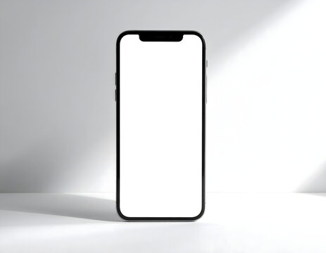 A sleek black smartphone stands upright with a blank white screen, set against a bright white background with subtle shadow play.