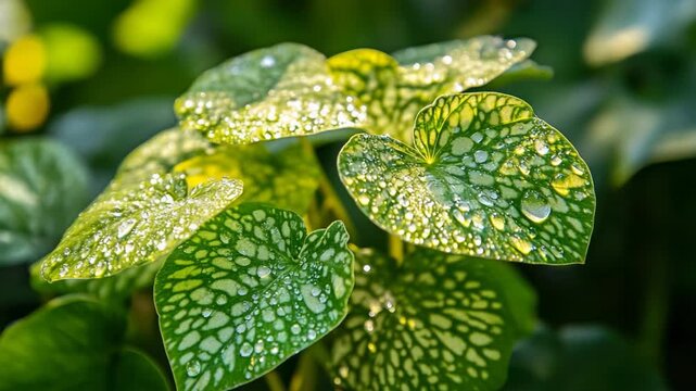 Sunlit, heart-shaped variegated leaves covered in sparkling morning dew droplets