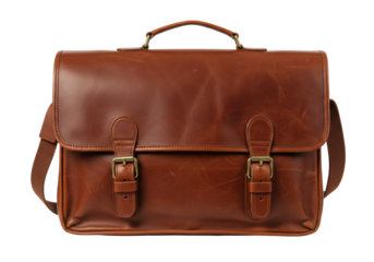 Isolated brown leather satchel briefcase with shoulder strap, classic style, business bag