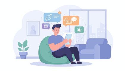 Modern flat illustration of a young man relaxing on a beanbag chair, engrossed in his smartphone, surrounded by notification icons representing messages, calendar events, and alerts, symbolizing