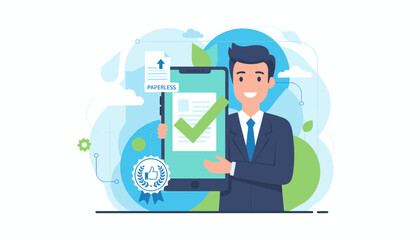 Quality Assurance and Guarantee Concept: A smiling businessman in a suit proudly presents a smartphone displaying a digital document with a large green checkmark, signifying paperless operations and