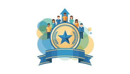 A vibrant and modern illustration featuring a golden medal with a blue star at its center, encircled by laurel branches, symbolizing quality and achievement. A group of diverse people stand behind