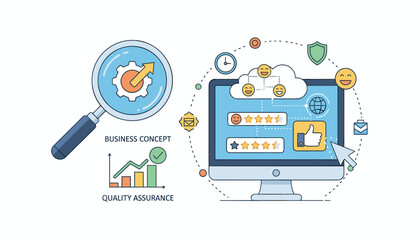 Conceptual illustration of quality assurance and online evaluation in business, featuring a magnifying glass over gears, a bar chart showing growth, and a computer screen displaying customer feedback