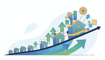 Conceptual illustration of real estate business growth, depicting a series of houses of increasing size ascending a rising graph line, symbolizing market expansion and investment success, with upward
