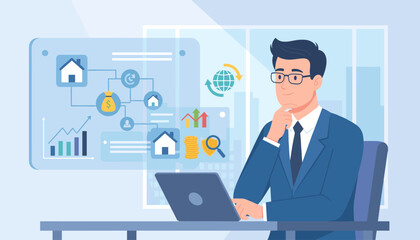 Thoughtful businessman in a suit and glasses sits at a desk with a laptop, contemplating a digital interface displaying real estate investment concepts, including charts, houses, money bags, and
