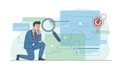 Business man kneeling and thinking with a magnifying glass over a flowchart and data analysis, representing root cause analysis, problem solving, strategy, and business intelligence, with icons for