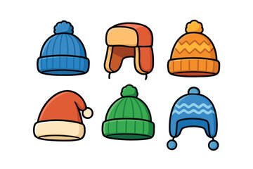 Fototapeta premium Colorful winter hats displayed in fun arrangement for chilly days. Set of 6 vector illustration
