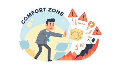 Businessman hesitates at the edge of his comfort zone, pushing back against change and the unknown, symbolized by a cube with arrows and warning signs indicating risk and uncertainty.