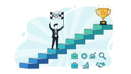 Vibrant illustration of a businessman in a suit climbing a colorful staircase, holding a checkered flag with a laurel wreath, symbolizing success and achievement, with a golden trophy at the top