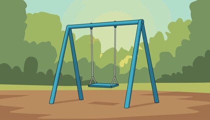 A solitary blue swing set stands empty in a park, its vibrant color contrasting with the soft, blurred green foliage and brown ground, evoking a sense of quietude and childhood nostalgia on a bright