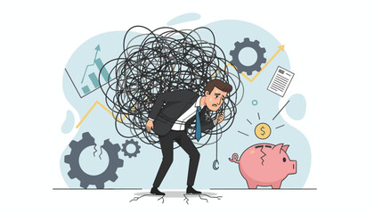 Stressed businessman tangled in a web of work problems and financial worries, with broken gears and a cracked piggy bank symbolizing business failure and anxiety, against a backdrop of charts and