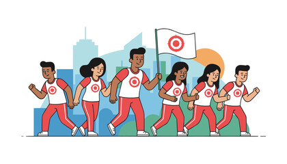 Modern flat vector cartoon illustration of a diverse group of people in matching red and white athletic wear, marching forward together in unity, holding a flag with a target symbol, set against a