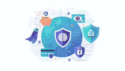 Vibrant digital illustration of cybersecurity for business, featuring a piggy bank, credit card, and building protected by shields, symbolizing data protection, financial security, and privacy in the