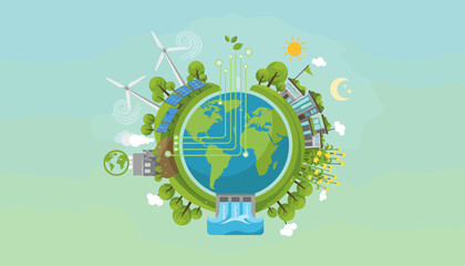 Vibrant illustration of a sustainable planet Earth, showcasing renewable energy sources like wind turbines, solar panels, and a hydroelectric dam, integrated with modern cityscapes and lush greenery
