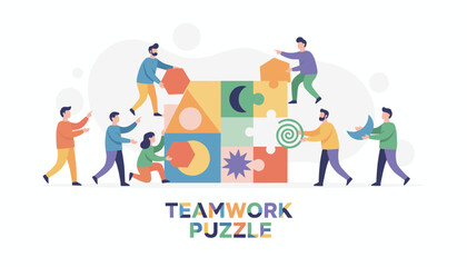 Vibrant flat illustration of a diverse team of people collaborating to assemble a colorful puzzle, symbolizing teamwork, unity, and problem-solving in a modern business or project context, with