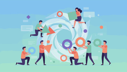 Vibrant flat illustration of a diverse team of people collaborating and building together, assembling geometric shapes like triangles and circles against a swirling abstract background, symbolizing