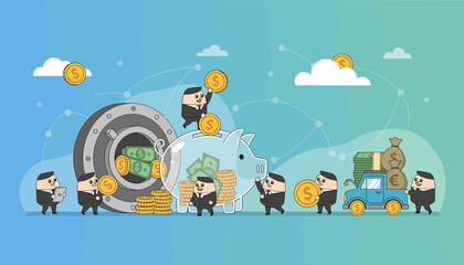 Vibrant cartoon illustration depicting a financial services concept with tiny businessmen depositing coins into a large piggy bank, loading money bags onto a truck, and interacting with a vault