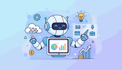 Vibrant vector illustration of a friendly cartoon robot assistant, symbolizing artificial intelligence and automation in business, presenting data analytics on a tablet screen with charts and graphs