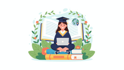 Vibrant vector illustration of a happy female student in graduation attire, sitting cross-legged on a stack of books with a laptop, symbolizing education, knowledge, and academic achievement