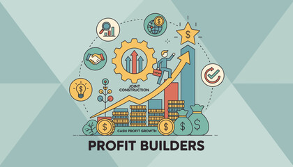 Vibrant vector illustration depicting investment management and profit growth, featuring a businessman climbing an upward arrow graph, gears symbolizing joint construction, stacks of coins, money