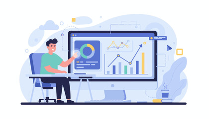 Modern flat vector illustration of a young man analyzing financial data and charts on a computer screen, showcasing business growth and analytics, perfect for technology and business concepts.