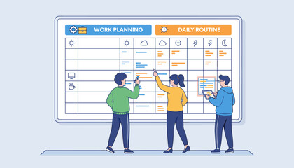Team of three people collaborating on a large whiteboard displaying a work planning and daily routine schedule, using pens and a tablet to organize tasks and appointments, symbolizing teamwork and