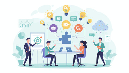 Vivid vector illustration depicting a dynamic business teamwork concept, showcasing collaboration, idea generation with lightbulbs, puzzle piece integration, data analysis charts, and communication
