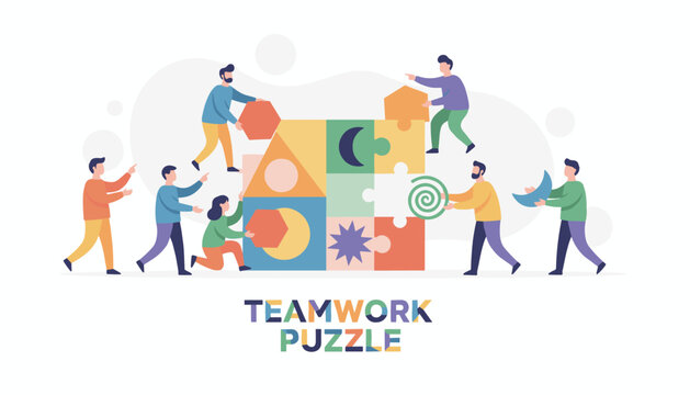 Vibrant flat illustration of a diverse team of people collaborating to assemble a colorful puzzle, symbolizing teamwork, unity, and problem-solving in a modern business or project context, with