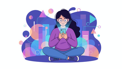 Vibrant illustration of a young woman with glasses, sitting cross-legged and engrossed in her smartphone, surrounded by abstract geometric shapes and glowing city lights at night, symbolizing digital