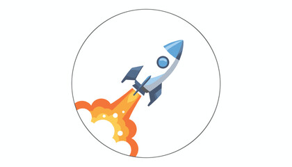Vivid 3D illustration of a sleek, white and blue rocket launching upwards with fiery orange exhaust and white smoke plumes, symbolizing project success, space exploration, and technological