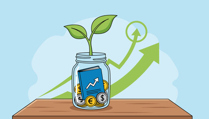 A vibrant illustration depicting a young green plant sprouting from a glass jar filled with coins and a small blue book featuring a growth chart, symbolizing financial growth and investment, set