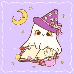 Cute Halloween Bookish Spooky Witch Ghost Reading Book Cartoon Hand Drawn Greeting Card Printable