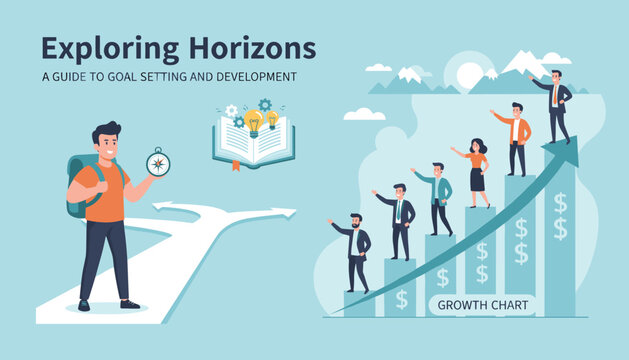 A determined man with a backpack and compass stands at a crossroads, symbolizing the journey of goal setting and personal development, while a diverse group of professionals ascends a growth chart