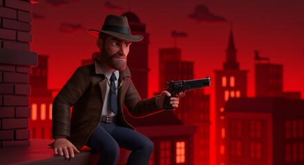 Animated detective, hat, coat, gun, on building roof, city backdrop, red lighting