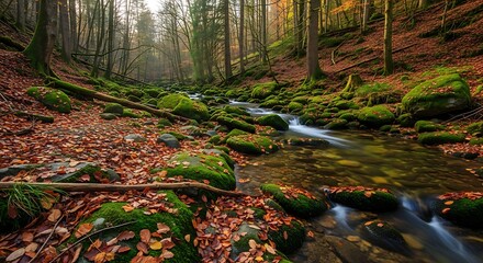 Moss covered rocks and autumn leaves line a forest stream image