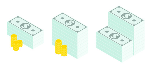 Isometric American dollars stacks and gold coins stacked in a pile. Isolated cartoon vector on white background top view