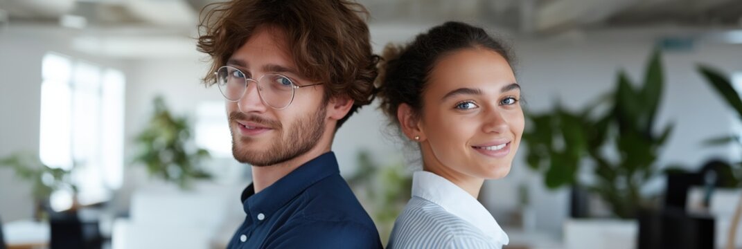 Smiling caucasian young adults in modern office setting with green plants