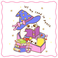 Cute Halloween Bookish Spooky Witch Ghost Reading Cartoon Hand Drawn Greeting Card Printable